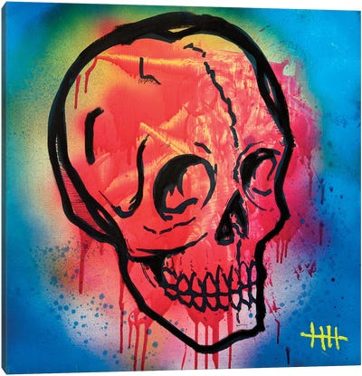 Pink Skull On Blue Wood Canvas Art Print - Similar to Andy Warhol