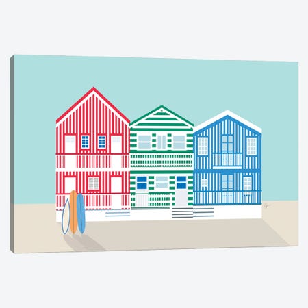 Striped Colorful Houses On Costa Nova Beach, Portugal Canvas Print #ELY114} by Lyman Creative Co. Art Print