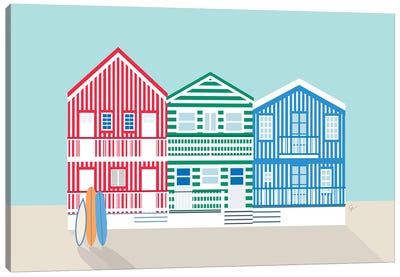 Striped Colorful Houses On Costa Nova Beach, Portugal Canvas Art Print