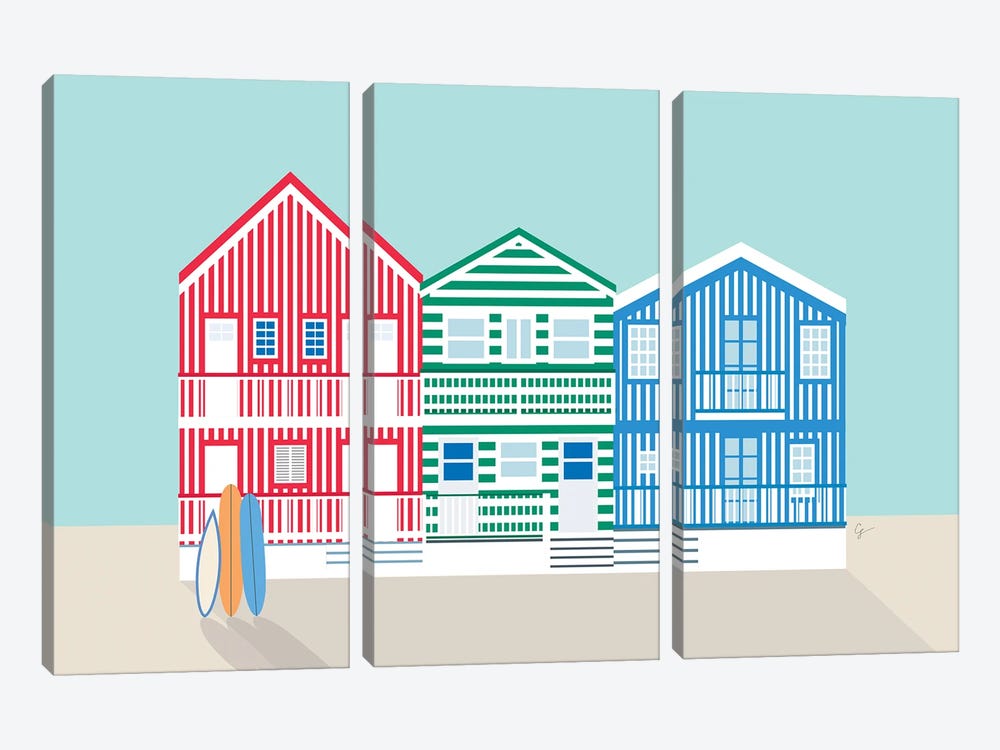 Striped Colorful Houses On Costa Nova Beach, Portugal by Lyman Creative Co. 3-piece Canvas Art