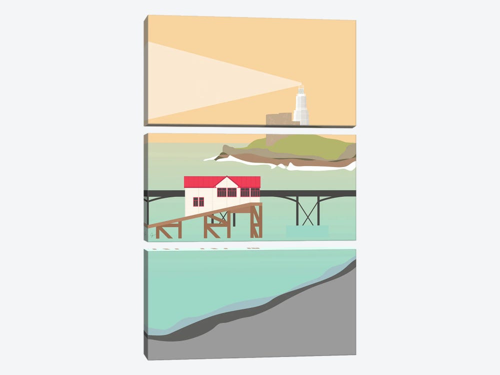 Mumbles Pier & Lighthouse, Swansea Bay, South Wales by Lyman Creative Co. 3-piece Canvas Art
