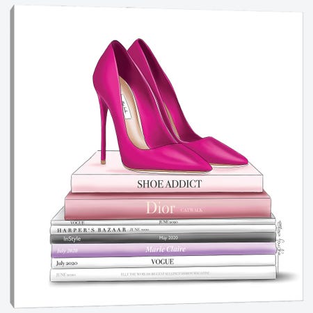 Hot Pink Shoes & Books Canvas Print #ELZ144} by Elza Fouche Canvas Wall Art