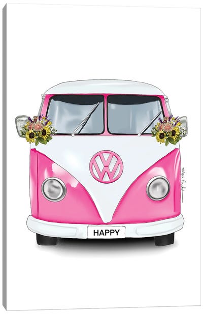 Happy Kombi Pink Canvas Art Print - Volkswagen