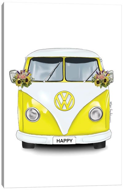 Happy Kombi Yellow Canvas Art Print - Volkswagen