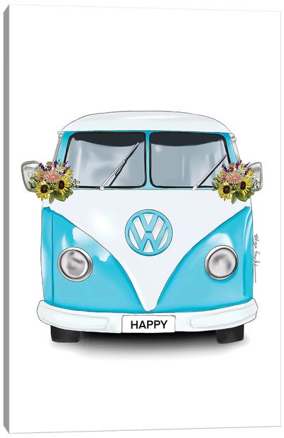 Happy Kombi Blue Canvas Art Print - Volkswagen