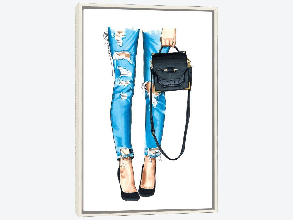 Framed Canvas Art - Ripped Jeans & Bag by Elza Fouche ( Fashion > Fashion Accessories > Bags & Purses art) - 40x26 in