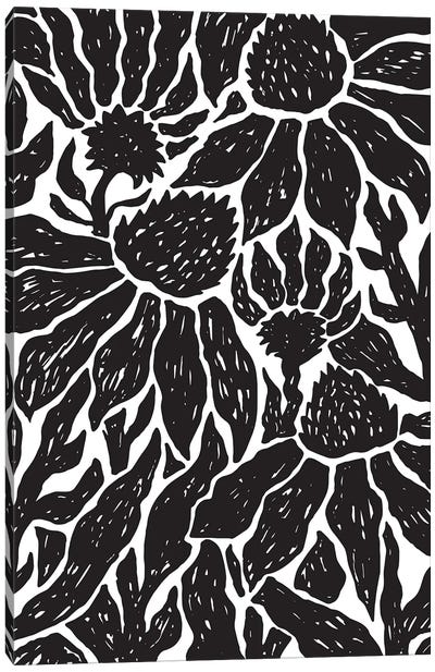 Black & White Floral Linocut Canvas Art Print - Black & White Patterns