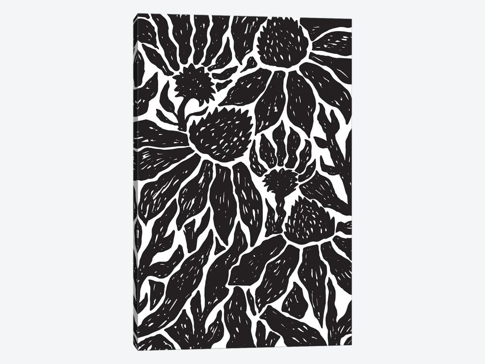 Black & White Floral Linocut by Elizabeth Medley 1-piece Canvas Art Print