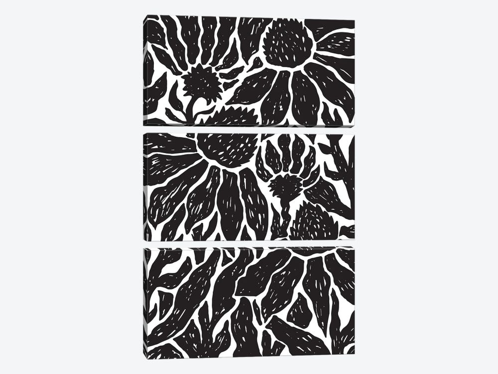Black & White Floral Linocut by Elizabeth Medley 3-piece Canvas Art Print