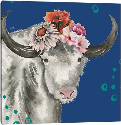 Floral Yak On Blue Canvas Art Print - Elizabeth Medley