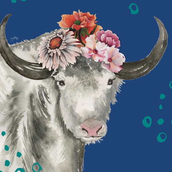 Elizabeth Medley: Floral Yak On Blue by Elizabeth Medley