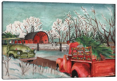 Winter Time on the Farm with Lights Canvas Art Print - Farmhouse Christmas Décor