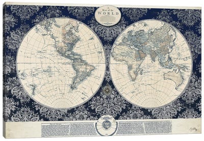 Blue Map of the World Canvas Art Print - Antique World Maps