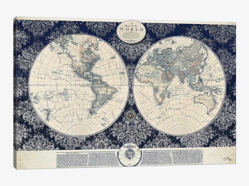 Blue Map of the World by Elizabeth Medley 1-piece Canvas Print