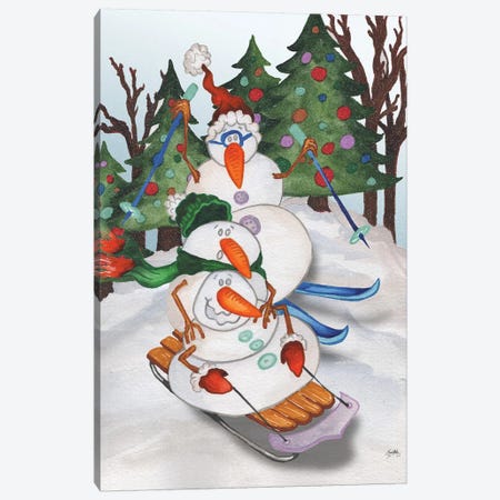 Sledding Snowmen Canvas Print #EME206} by Elizabeth Medley Canvas Artwork