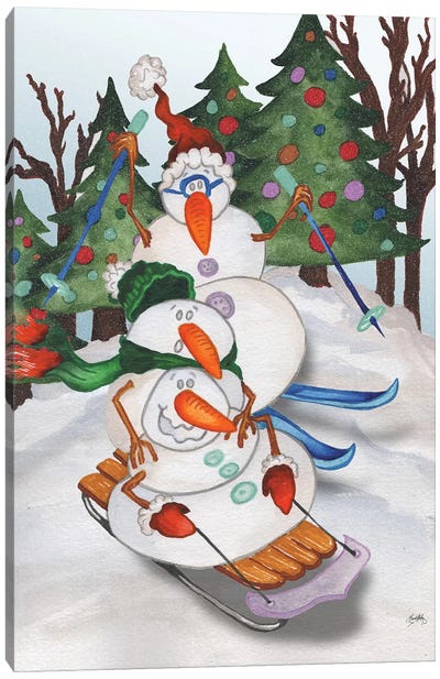 Sledding Snowmen Canvas Art Print - Elizabeth Medley