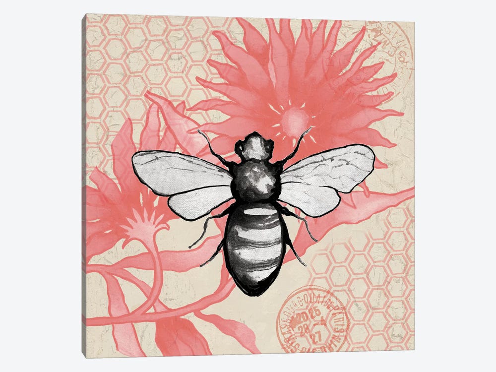 Bee On Pink Flower Square by Elizabeth Medley 1-piece Canvas Artwork
