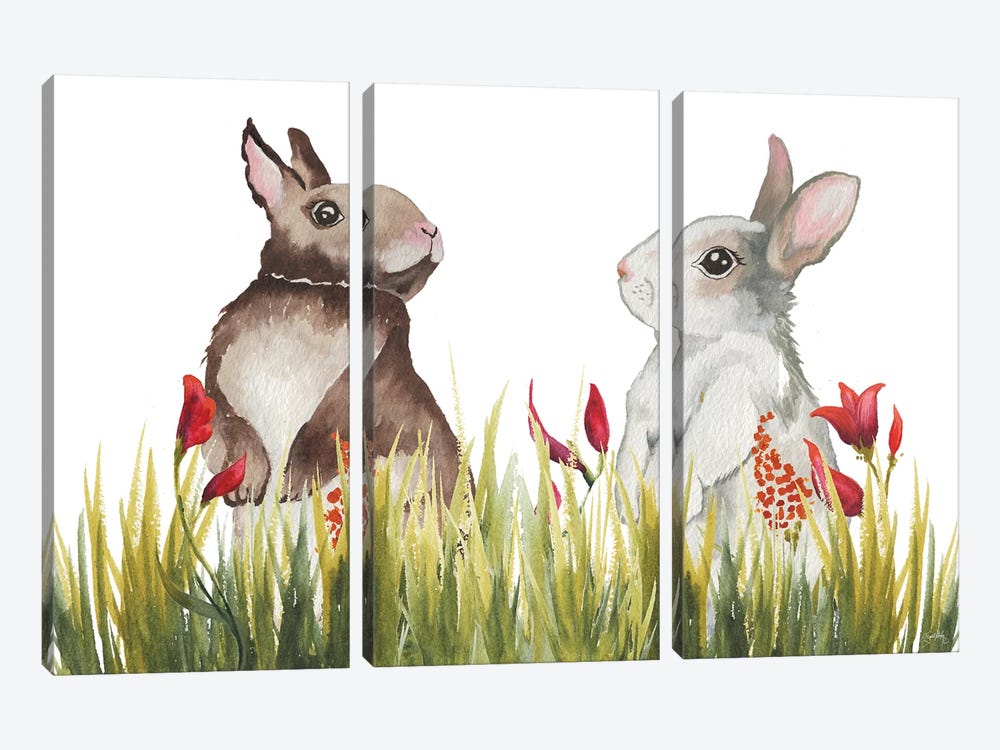 Bunnies Among The Flowers I by Elizabeth Medley 3-piece Canvas Print