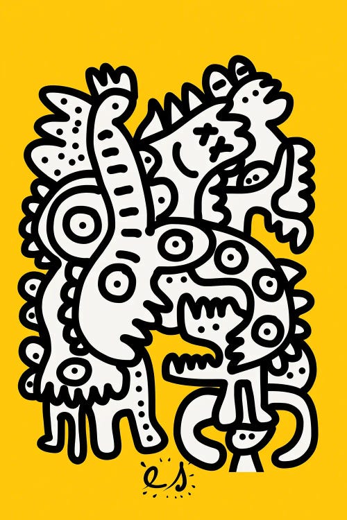 Black And White Graffiti Creatures On Yellow