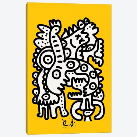 Black And White Graffiti Creatures On Yellow Canvas Print #EMM106} by Emmanuel Signorino Canvas Wall Art