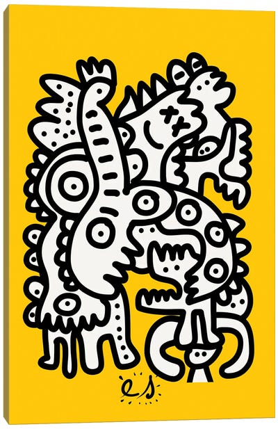 Black And White Graffiti Creatures On Yellow Canvas Art Print - Pantone 2021 Ultimate Gray & Illuminating