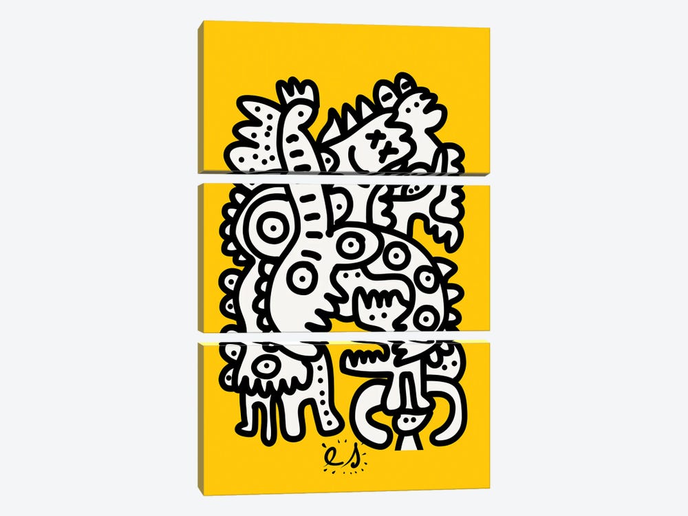 Black And White Graffiti Creatures On Yellow by Emmanuel Signorino 3-piece Canvas Art