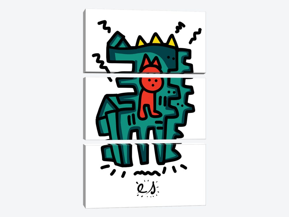 Red Child And Green Monster Friend by Emmanuel Signorino 3-piece Canvas Print