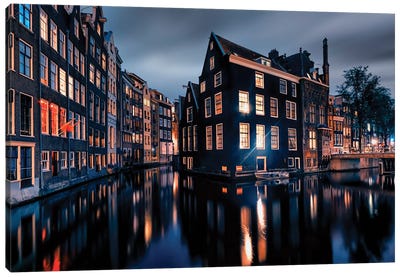 Amsterdam By Night Canvas Art Print - Netherlands Art