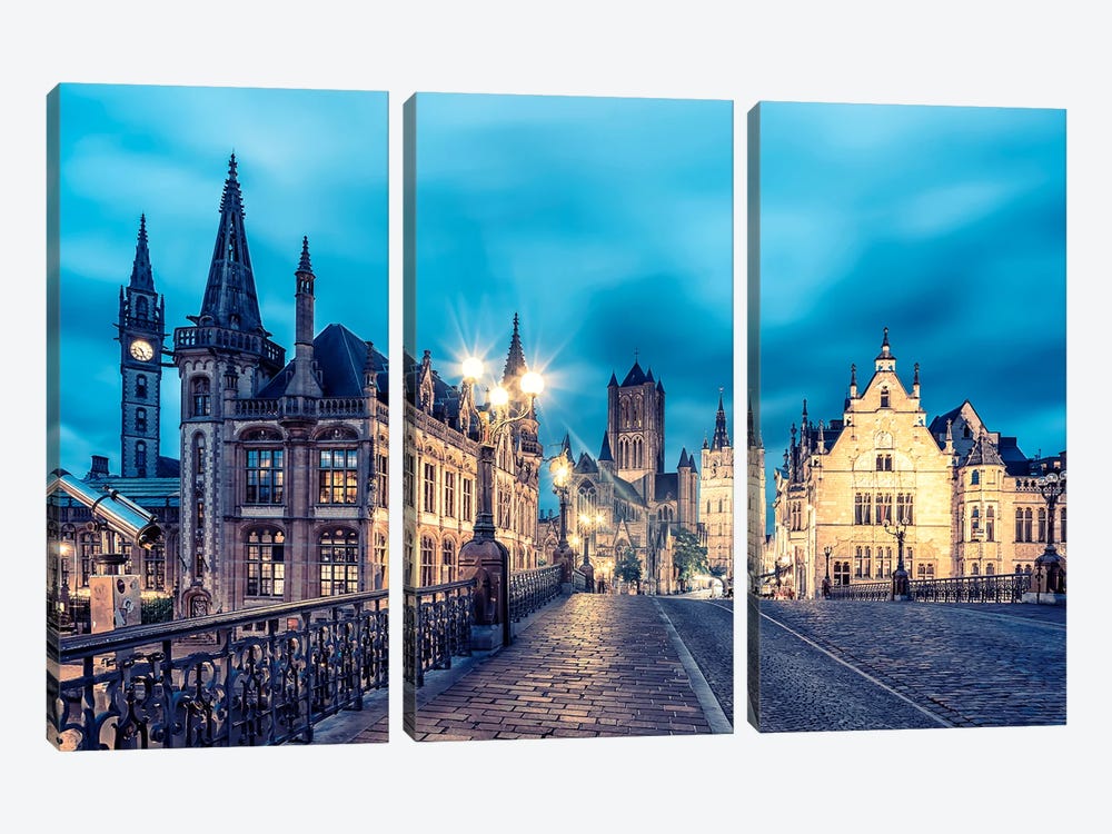 Ghent In The Evening by Manjik Pictures 3-piece Canvas Print