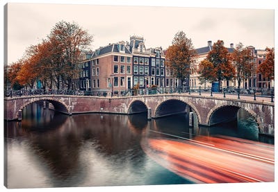 Trail Of Light In Amsterdam Canvas Art Print - Manjik Pictures