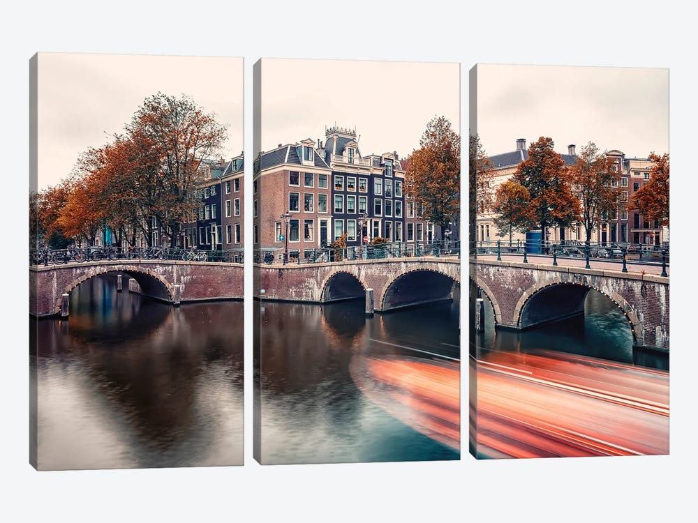 Trail Of Light In Amsterdam by Manjik Pictures 3-piece Canvas Wall Art