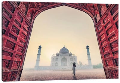 The Lady In The Fog Canvas Art Print - Taj Mahal