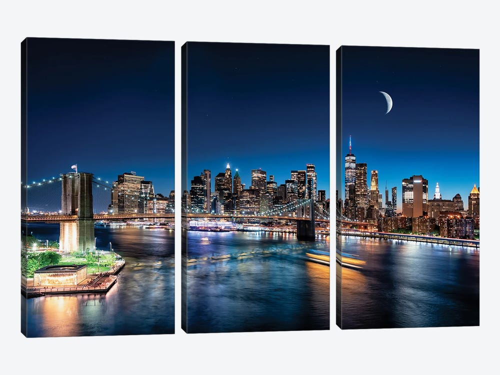 Moonrise In New York by Manjik Pictures 3-piece Canvas Artwork