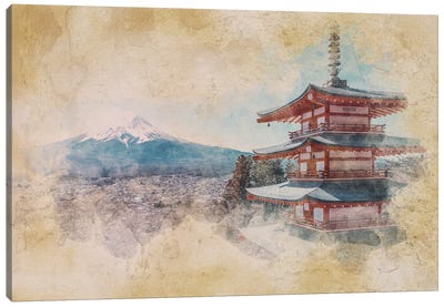 Japan Watercolor Canvas Art Print - Pagodas