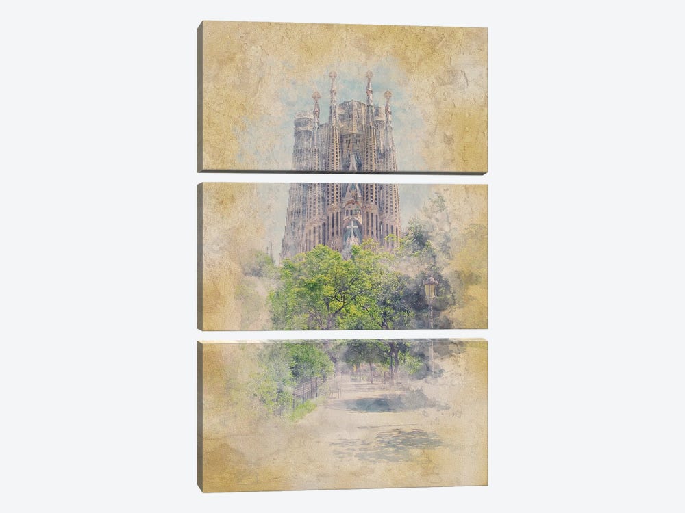 Sagrada Familia Watercolor by Manjik Pictures 3-piece Canvas Artwork