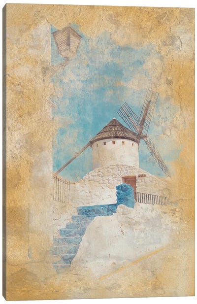 La Mancha Watercolor Canvas Art Print - Watermill & Windmill Art