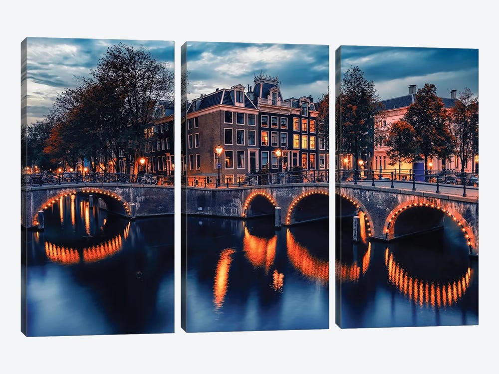 Amsterdam Twilight by Manjik Pictures 3-piece Canvas Art Print
