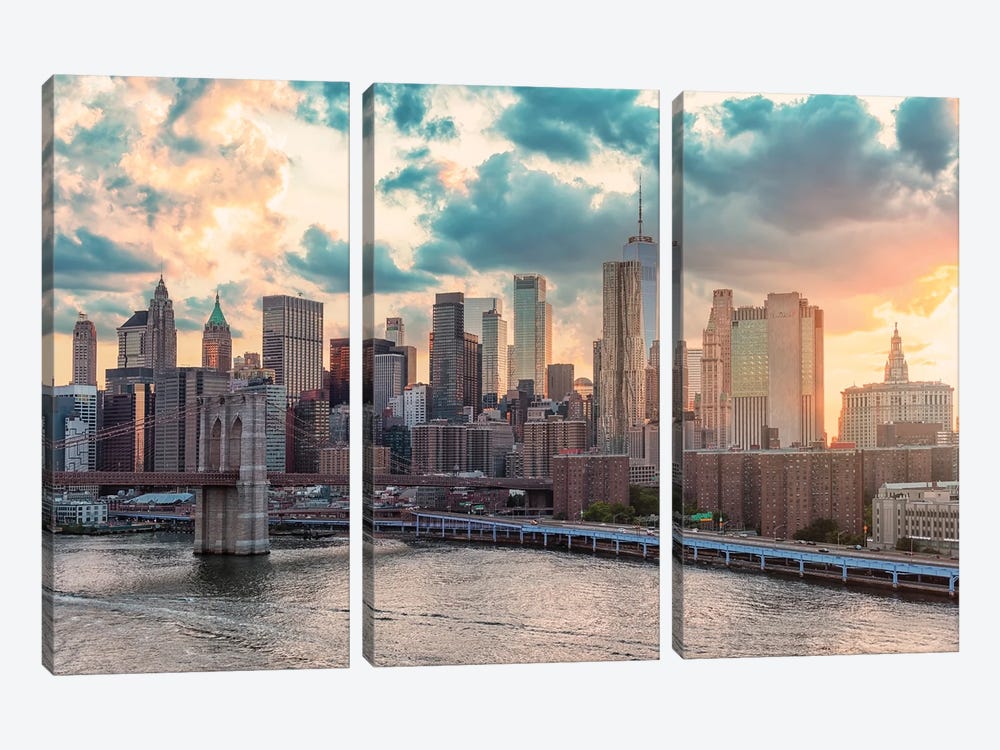 Sunset In New York by Manjik Pictures 3-piece Canvas Art Print