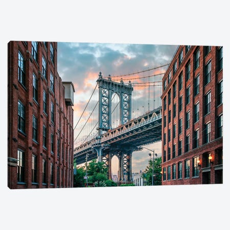 Manhattan Bridge At Sunset Canvas Print #EMN1538} by Manjik Pictures Canvas Wall Art