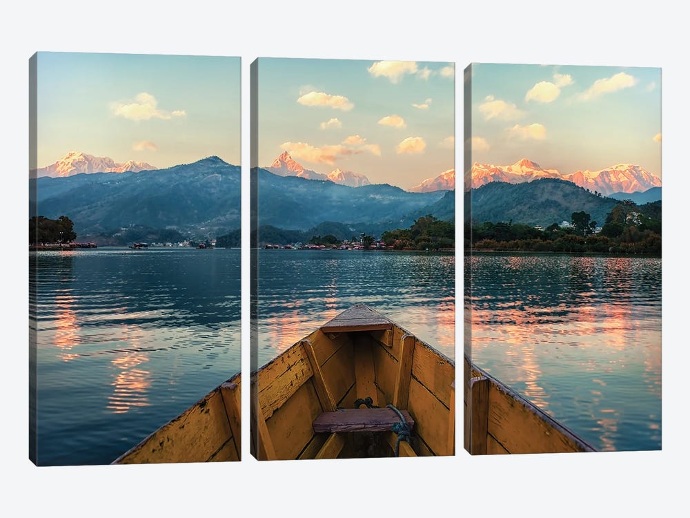 Phewa Lake At Sunset by Manjik Pictures 3-piece Canvas Print