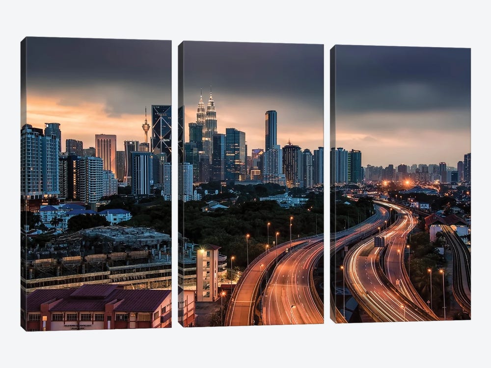 Kuala Lumpur At Sunset by Manjik Pictures 3-piece Canvas Art Print
