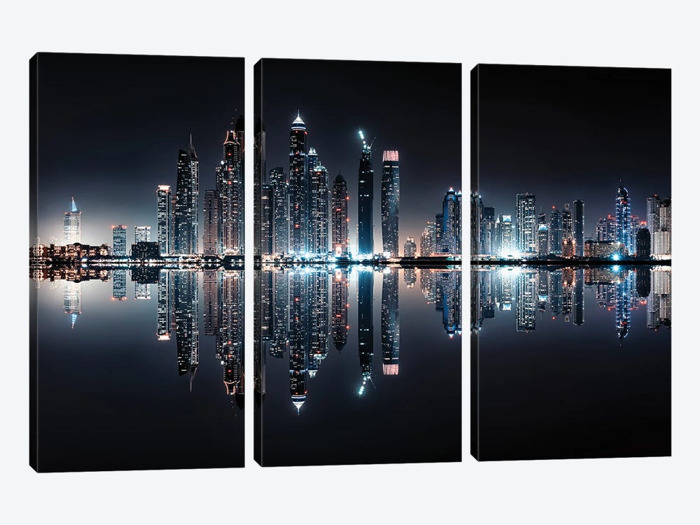 Dubai Marina Reflection by Manjik Pictures 3-piece Canvas Art Print