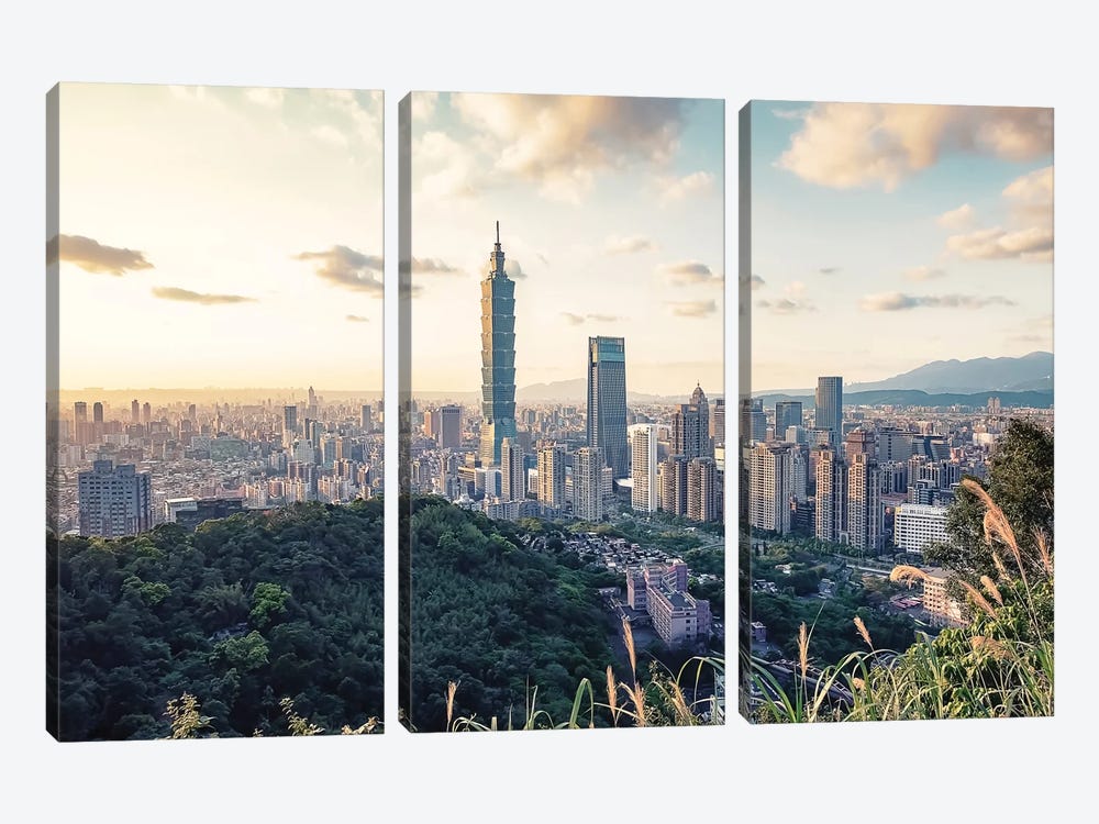 Taipei City At Sunset by Manjik Pictures 3-piece Canvas Wall Art