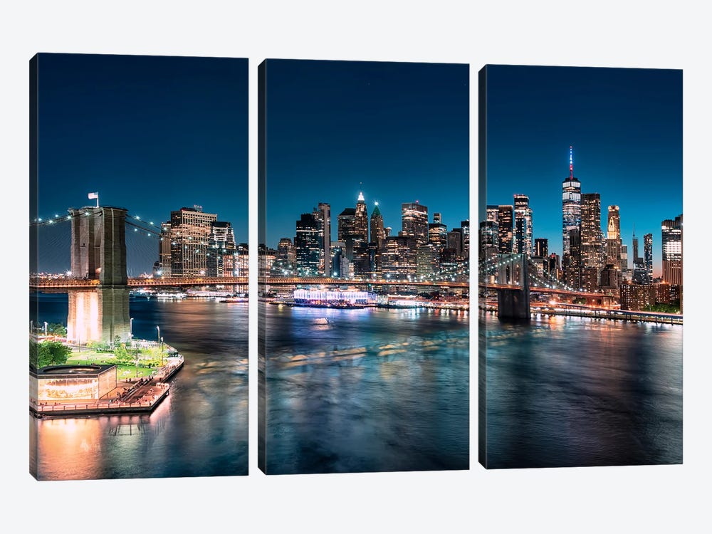 East Manhattan By Night by Manjik Pictures 3-piece Canvas Art Print