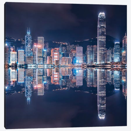 Hong Kong By Night Canvas Print #EMN1739} by Manjik Pictures Canvas Art