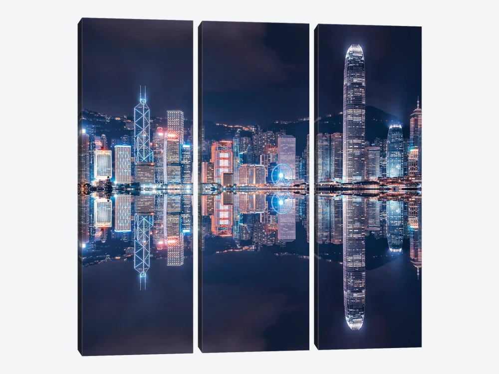 Hong Kong By Night by Manjik Pictures 3-piece Canvas Art Print