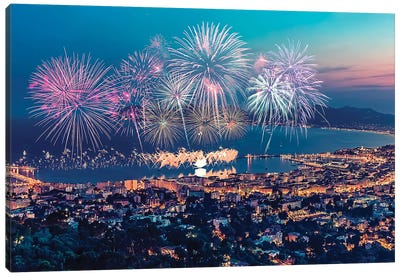 The Bay Of Cannes In Summer Canvas Art Print - Fireworks