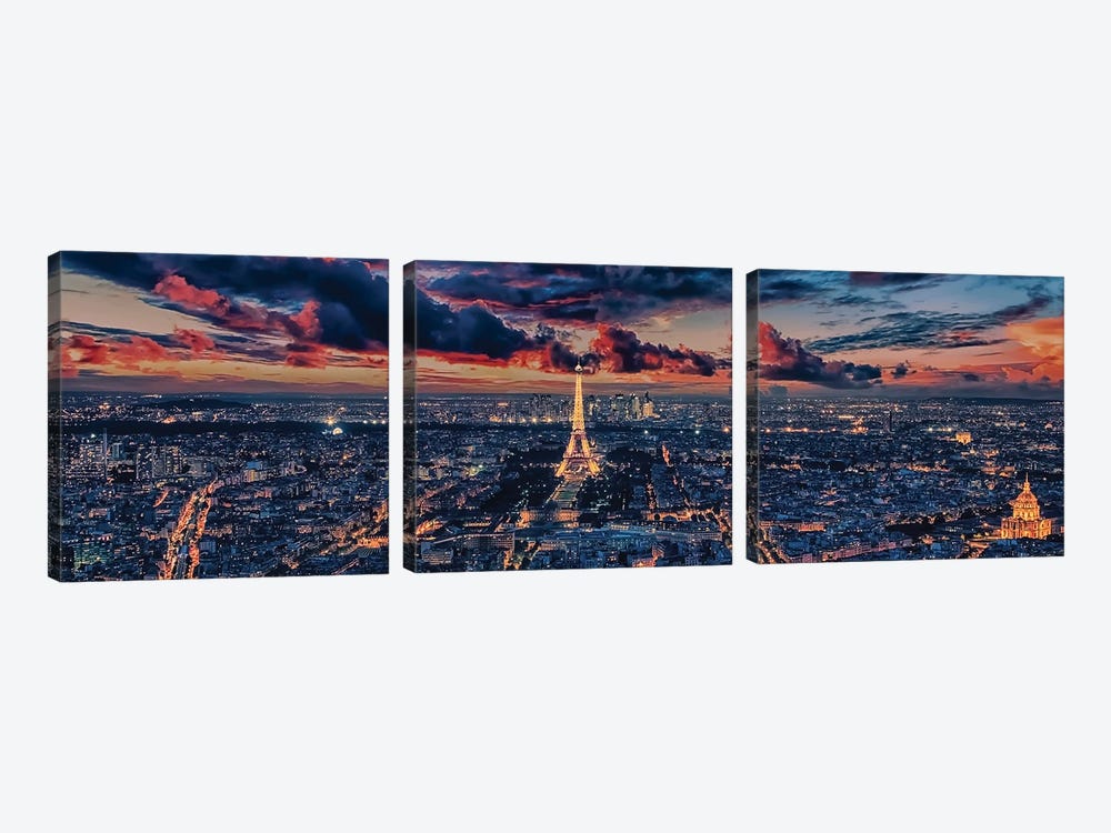 Paris Sunset Panorama by Manjik Pictures 3-piece Canvas Artwork