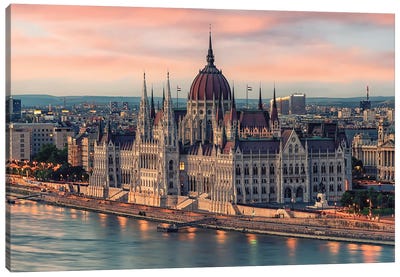 Hungarian Parliament Sunset Canvas Art Print - Manjik Pictures