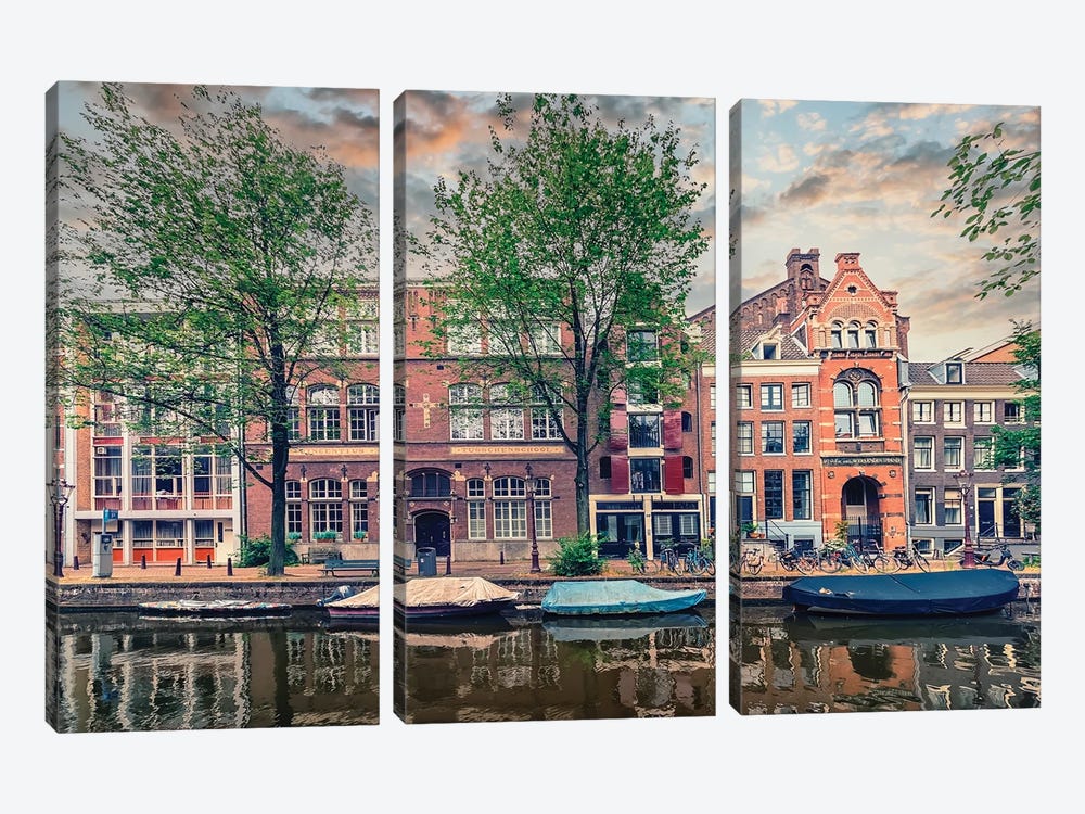 Amsterdam In The Evening by Manjik Pictures 3-piece Canvas Artwork